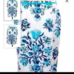 Talbots Size 6 Straight Skirt White w/Navy & Aqua Blue Jacobin Floral Career NWT